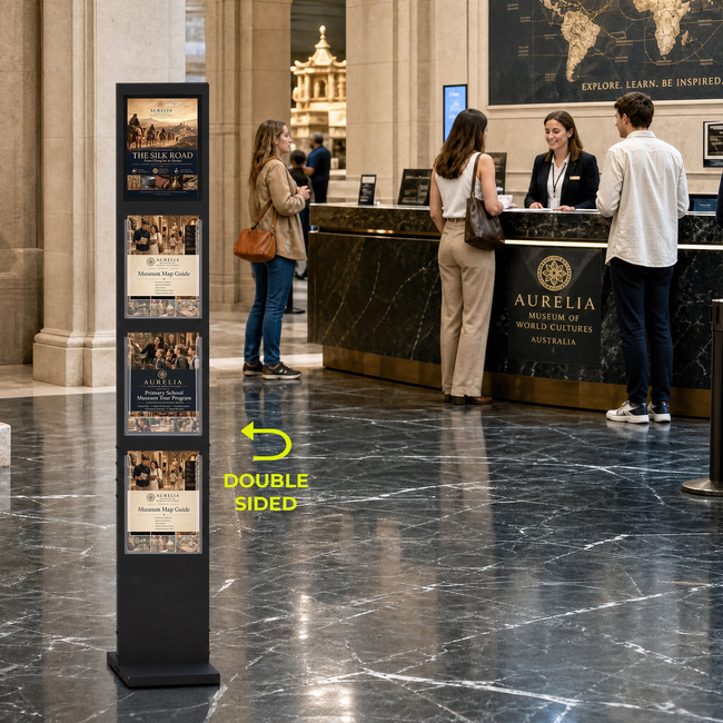  Totem Sign 1800mm Black A4 Sign + 3 A4 Acrylic Brochure Holders Double Sided