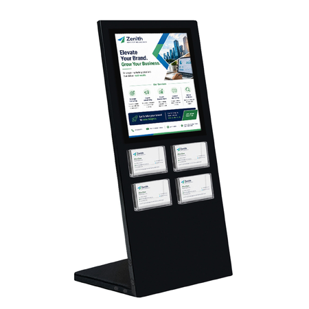 Black Table Information Stand - A4 Sign + 4  Landscape Business Card Holder
