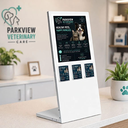 White Table Information Stand - A4 Sign + 3 Business Card Holder