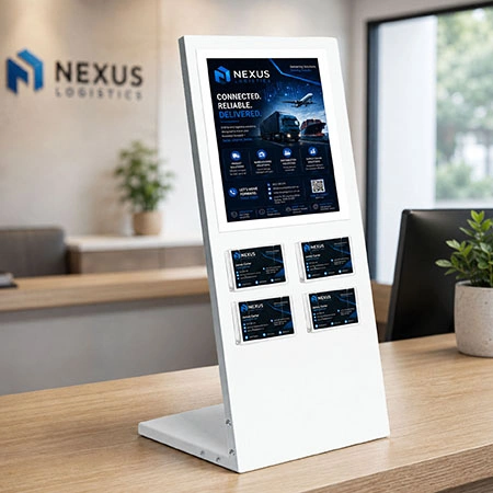 White Table Information Stand - A4 Sign + 4  Landscape Business Card Holder