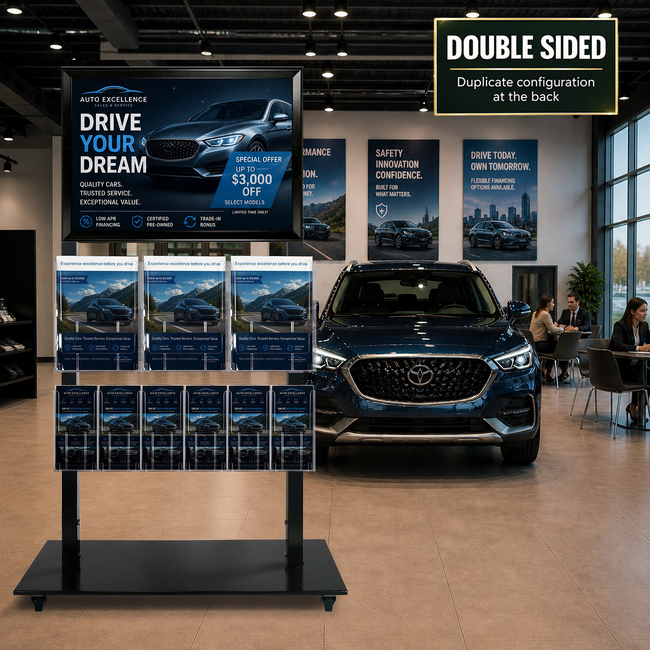 Black Mall Stand - A2 Snap Frame with 3 A4 and 6 DL Brochure Holder Double Sided 
