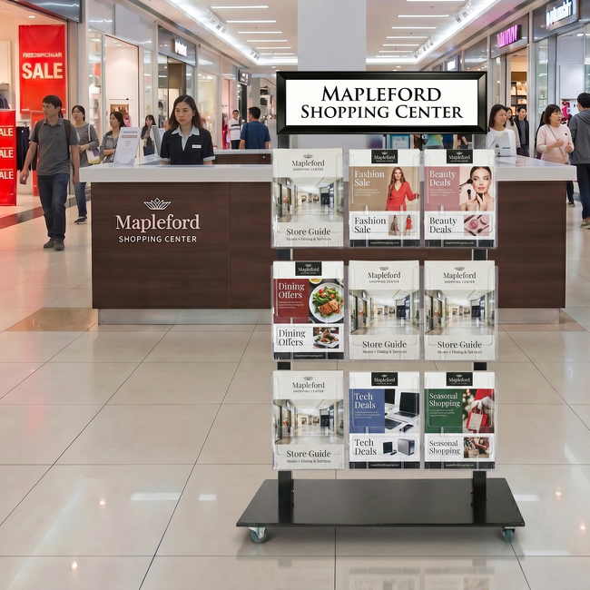 Black Mall Stand - Snap Header with 9 A4 Brochure Holders 