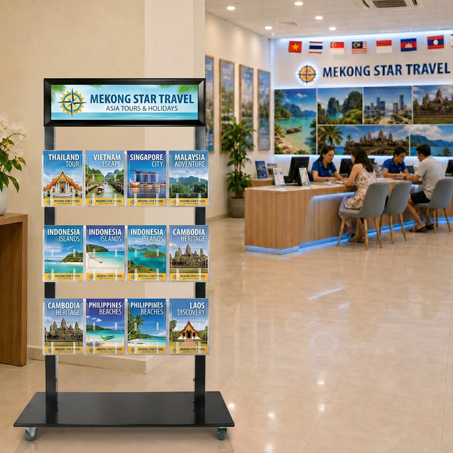 Black Mall Stand - Snap Header with 12 A5 Brochure Holders 