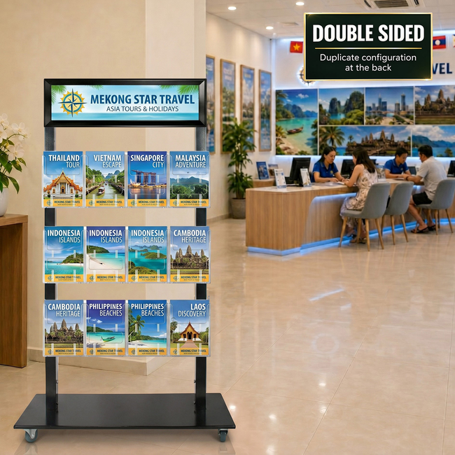 Black Mall Stand - Snap Header with 12 A5 Brochure Holders Double Sided