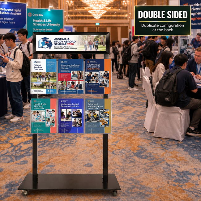 Black Mall Stand - Snap Header with 6 A4 Brochure Holders Double Sided 