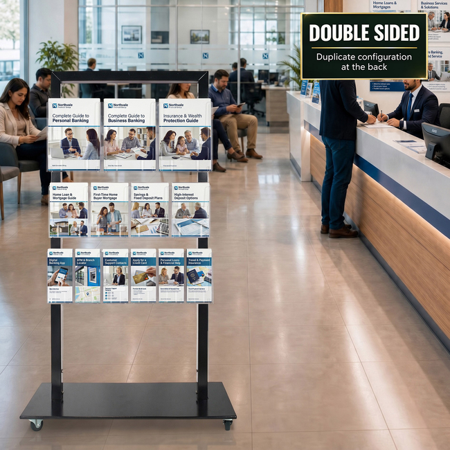 Black Mall Stand - with 3 A4, 4 A5 and 6 DL Brochure Holders Double Sided 