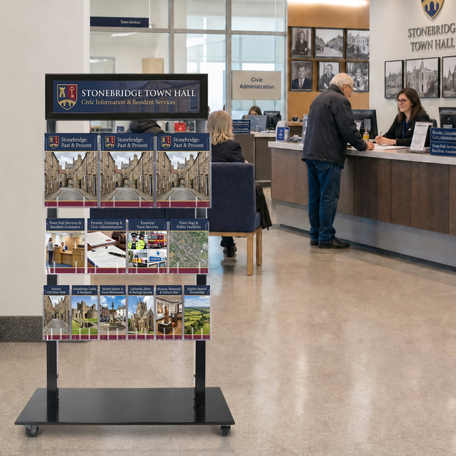 Black Mall Stand -  Header and 3 A4, 4 A5 and 6 DL Brochure Holders