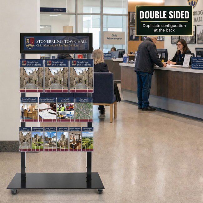 Black Mall Stand - Snap Header with 3 A4, 4 A5 and 6 DL Brochure Holders Double Sided 