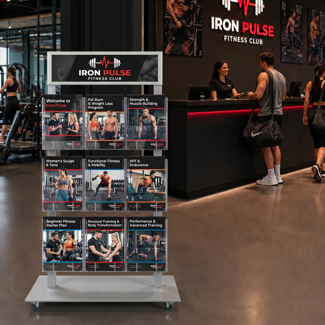 Silver Mall  Stand - Snap Header with 9 A4 Brochure Holders 