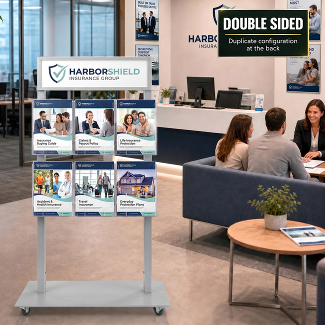 Silver Mall  Stand - Snap Header with 6 A4 Brochure Holders Double Sided 