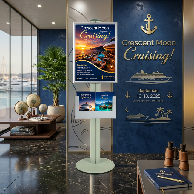A2 Poster Holder with A3 Landscape Steel Brochure Holder on Silver Combo Pole 1450mm High - Single Sided