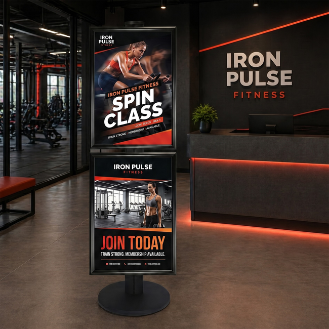 2 x A2 Poster Holder on Black Combo Pole 1450mm High - Single Sided