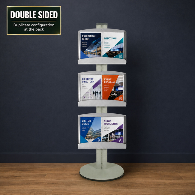 3 Brochure Trays on Silver Combo Pole 1450mm High - Double Sided