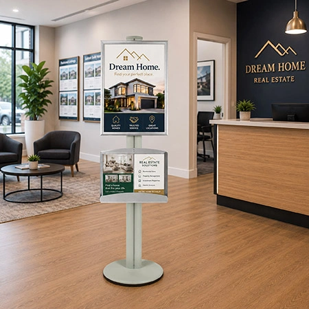 A2 Frame with 1 Brochure Trays on Silver Combo Pole 1450mm High - Single Sided