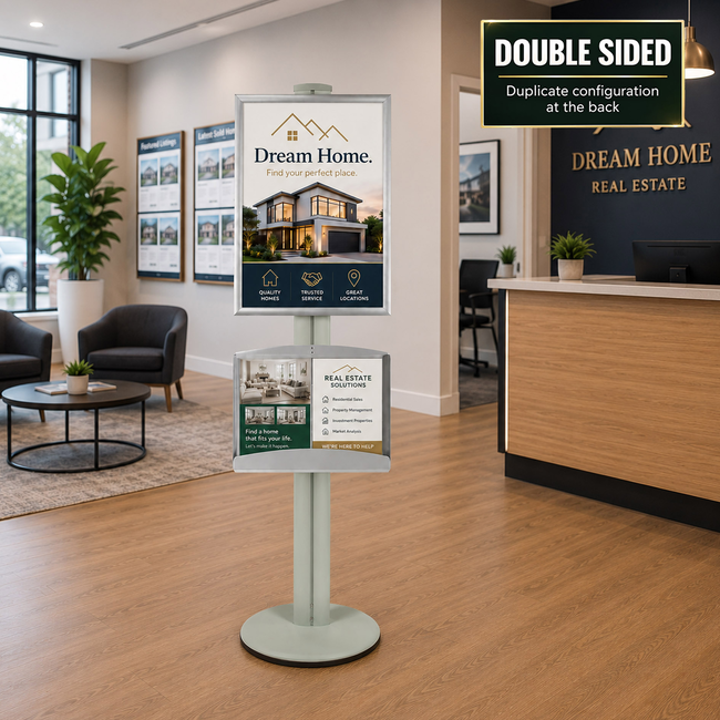 A2 Snap Frame and Brochure Tray on 1.45m Silver Combo Pole Double Sided 