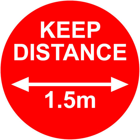 Pack of 10 - Hard Floor Red Commercial Grade Marking Sign 250mm - Keep Distance 1.5m